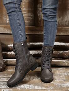 2025年秋冬粗跟靴女靴高帮休闲复古英伦风中筒皮鞋黑色 - 灰色 - 查看 4