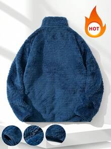 Men's Navy Blue Fleece Jacket, Stand Collar Design With Cuffed Sleeves, Soft & Skin-Friendly, Essential Outerwear For Autumn/Winter - Royal Blue - View 2