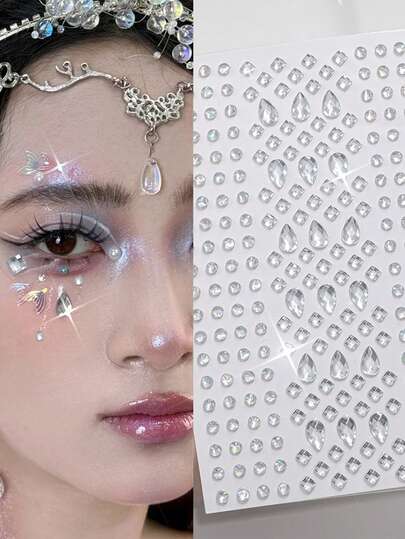 255pcs Shiny Rhinestone Face Gems - 255pcs 3D Silver Laser Diamond Face Jewels, Teardrop, Square, Round Shapes, Suitable For Party, Dance, Halloween, Festival, Music Events - Perfect For Stage Performance, DIY, Holiday Party (Masquerade Dance Eye Face Decor)