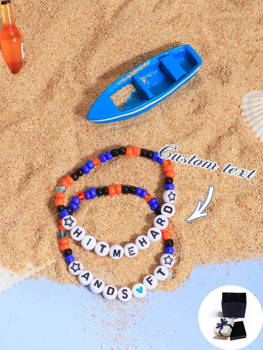 Customizable Beaded Friendship Bracelet, Color Strand Letter Charm Bracelet, Personalized Name/Band/Slogan Summer Beach Accessory, Suitable Gift For Friends, Girlfriend