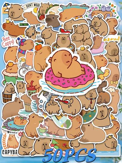 50 pegatinas lindas de dibujos animados de carpincho, diseño minimalista creativo, adecuadas para decorar acuarios, álbumes de recortes, fundas de teléfono, cuadernos, patinetas, guitarras, artículos de fiesta, maletas, sobres y talla grande, también perfectas como regalos de Navidad, Halloween, graduación, regreso a la escuela y cumpleaños