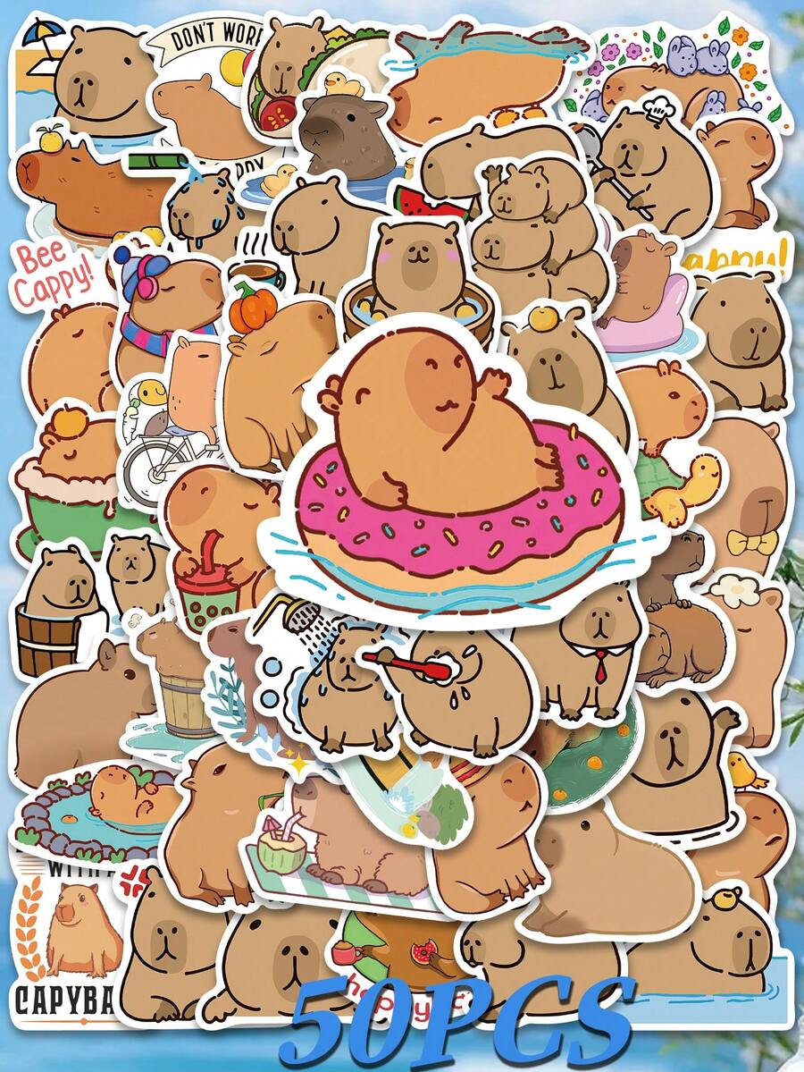 50 张可爱卡通水豚贴纸，创意简约设计，适用于装饰水族馆、剪贴簿、手机壳、笔记本、滑板、吉他、派对用品、手提箱、信封等，也非常适合圣诞节、万圣节、毕业典礼、返校礼物和生日礼物 - 彩色 - 查看 1