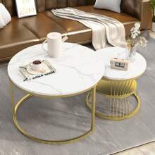 Juego de 2 mesas de centro nido, diseño de mármol, aglomerado, estructura de metal, mesa auxiliar para balcón, mesa de salón, redonda, dorada