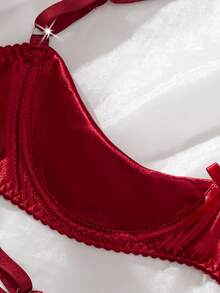 两件套勃艮第红色蕾丝透明性感内衣带钢圈，欧式法式贴身衣物 - 酒紅色 - 查看 5
