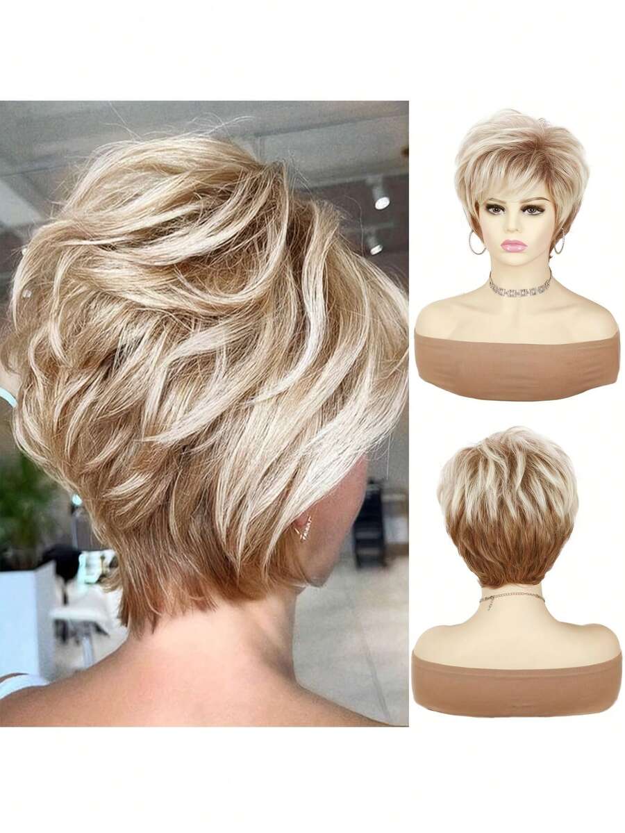 10 英寸夏季假发 白金色混合金色精灵假发 自然蓬松短直发带刘海假发 合成耐热假发 适合女性日常节日佩戴 - 彩色 - 查看 1