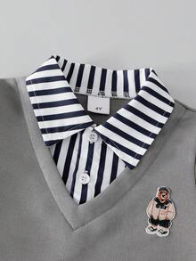 2pcs Boys' Spring/Autumn Long Sleeve Striped Shirt Patchwork Sweatshirt Vest Combo Top And Casual Long Pants 2 Pieces Set