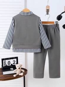 2pcs Boys' Spring/Autumn Long Sleeve Striped Shirt Patchwork Sweatshirt Vest Combo Top And Casual Long Pants 2 Pieces Set