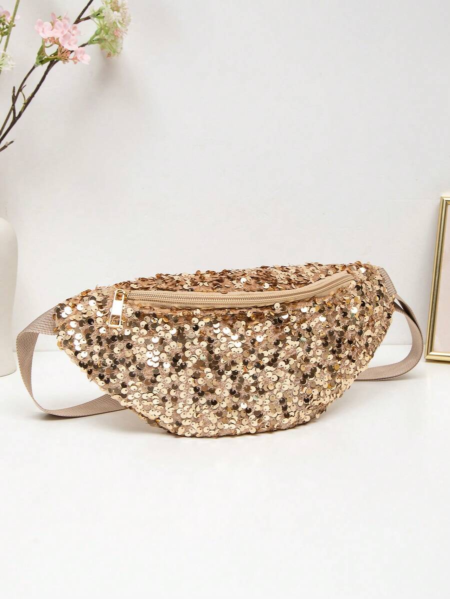1 件绗缝拉链封口 PVC 闪光腰包/胸包，休闲夏季风格，适合女性户外、旅行、派对、宴会