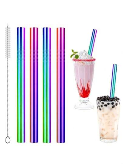 3/5 szt. metalowych słomek do koktajli premium i szczotka do czyszczenia, 0,5 cala, bardzo szerokie, 0,24 cala, słomki do picia ze stali nierdzewnej, odpowiednie do koktajli mlecznych/herbaty bąbelkowej/smoothie/koktajli/zimnych napojów, artykuły imprezowe, można myć w zmywarce