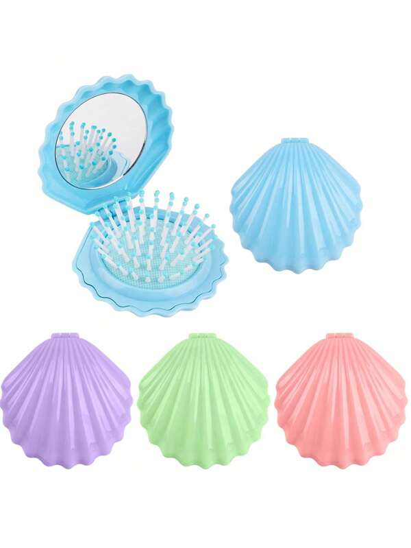 Finish Foldable Travel Hair Brushes With Mirror Mini Hair Brush Shell Shape Portable Hair Brush Pocket Brush Compact Brush Mini Massage Comb Travel Brushes For Hair Women Men