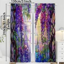 2pcs-[Purple Floral Print Artistic Drapes] Wisteria Stained Glass Curtains Dreamy Garden Style Purple Floral Print Artistic Painted Design Romantic Spring Drapes Colorful Leaves Pattern Rod Pocket Set Of 2 Panels For Living Room Bedroom Kitchen Bathroom Window Sun Shade