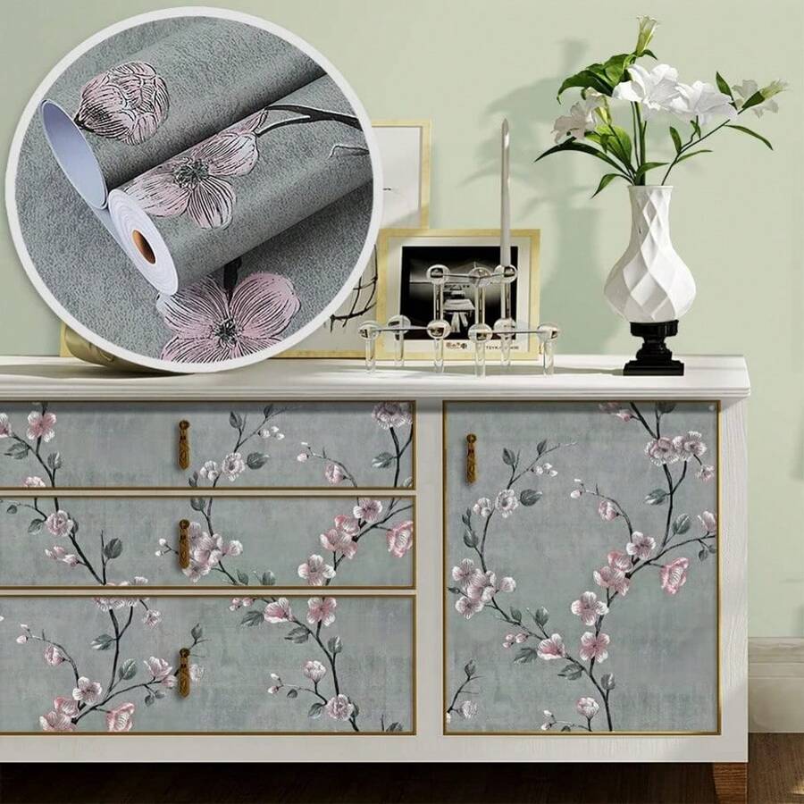 1 卷粉色花卉壁纸梅花自粘乙烯基撕拉式接触纸卧室和客厅墙壁家居装饰墙贴厨房台面橱柜门家具翻新覆盖膜 DIY 易于安装可移除壁纸 17.7 英寸 * 393.7/196.8/118.1/39.3 英寸