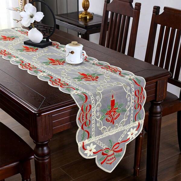 1pc Christmas Table Runner, Elegant European Style Party Tablecloth, Beige Organza With Bell Pattern, Suitable For Christmas Party, Daily Home Furniture & Kitchen Decor, Christmas & New Year Holiday Decoration, Multiple Sizes Available