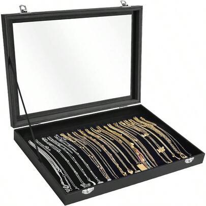 Elegante caja de almacenamiento de collares con 20 ganchos, soporte para joyas con tapa transparente para exhibir collares y colgantes, ideal para mujeres y niñas, color negro