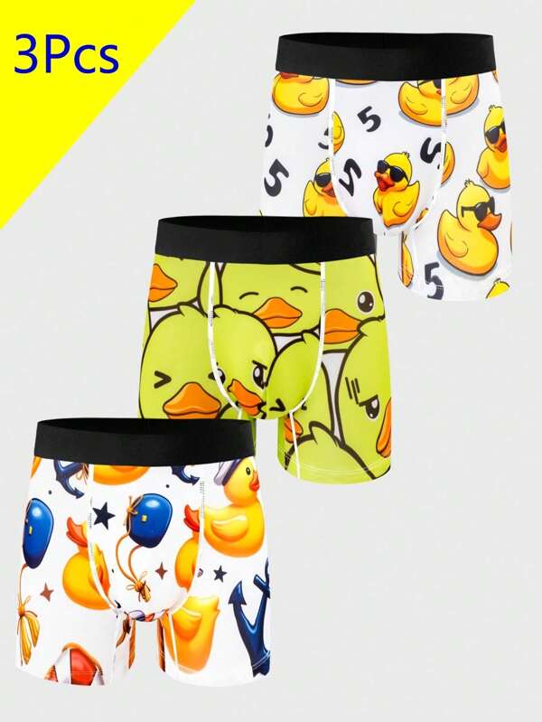 3pcs/Pack Cartoon Duck Digital Print Men's Sexy Breathable Elastic Comfortable Briefs