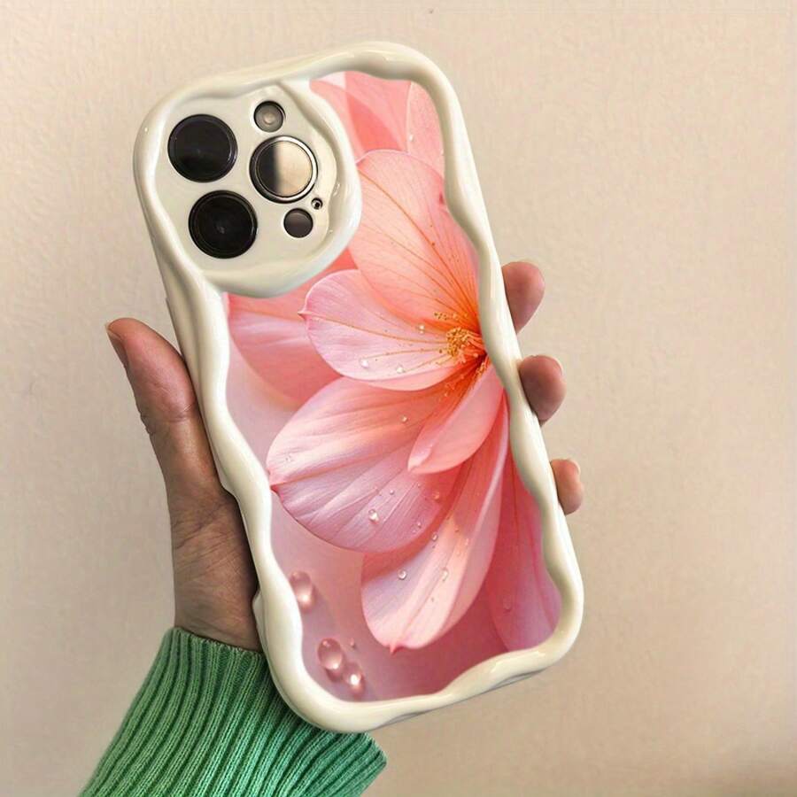 Funda para teléfono (1 unidad) con diseño ondulado para phone X/11/12/13/14/15/16 Pro. Diseño bonito con delicadas gotas de flores rosas estampadas. - Blanco - Ver 1