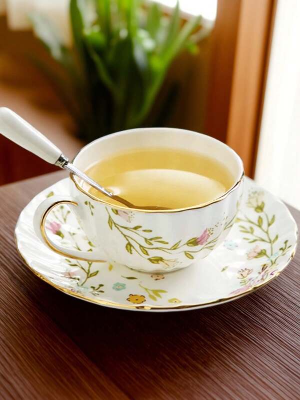 1 Set Of European Style Ceramic Coffee Cup Saucer Spoon Set, Suitable For Breakfast Cup, Milk Cup, Coffee Cup, Tea Party, Afternoon Tea, Home, Garden, Summer And Winter Beverages, Saucer Can Be Used As Snack Plate, Floral Pattern, Reusable, Suitable For Family Gatherings, Ideal For Christmas, Thanksgiving, Valentine's Day, Mother's Day, Girl Gift, Great For Adults, Gift | Elegant Coffee Set | Durable Porcelain
