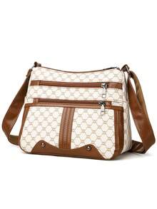 女士几何图案斜挎包，柔软皮革材质中年单肩包，新款春秋设计