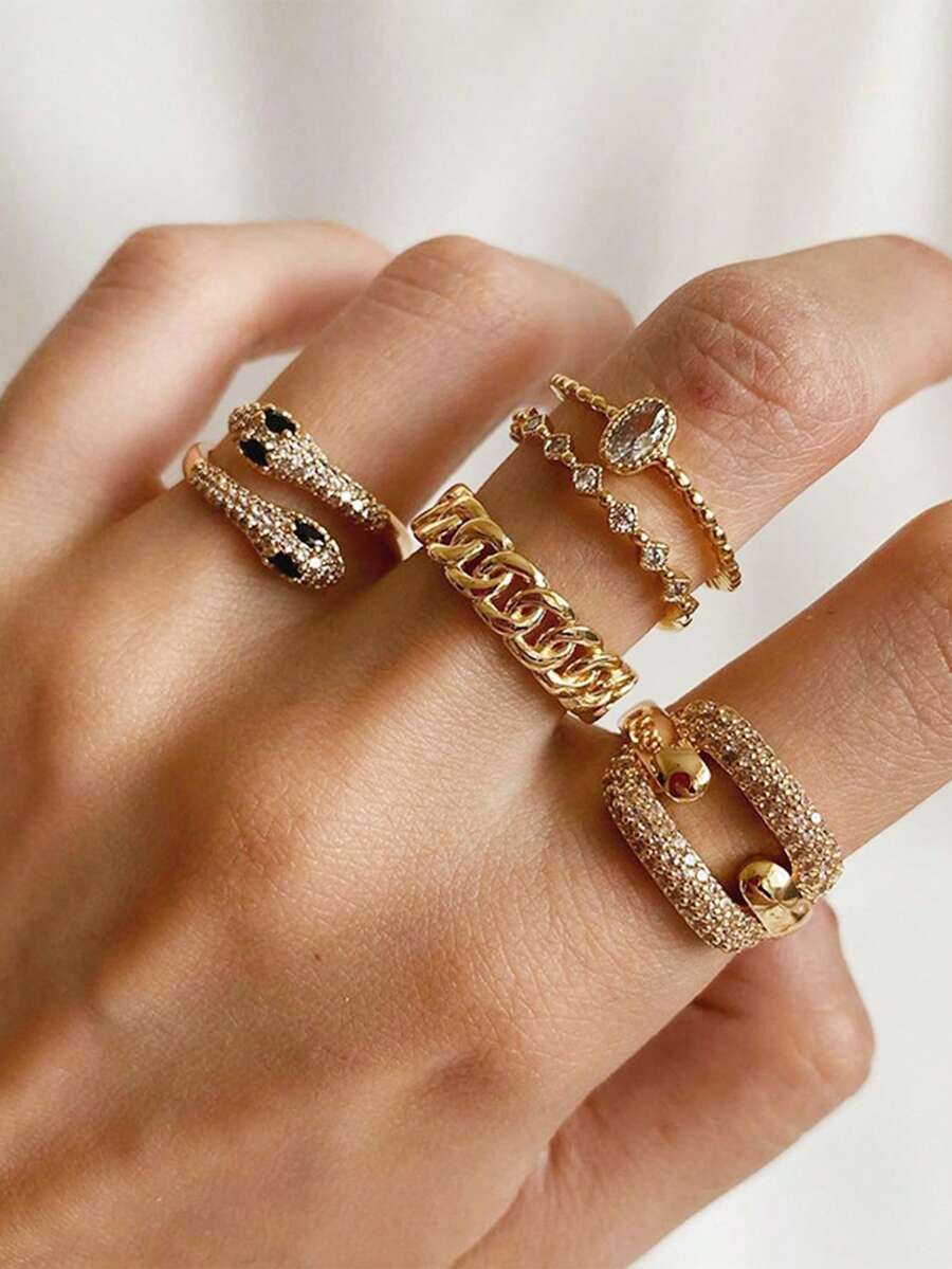 5 件复古水钻蛇形戒指套装，优雅的节日风格，独特的礼物，适合日常佩戴、节日、旅行、沙滩装，是送给女性、妻子、女朋友、圣诞节、情人节、母亲节、新年珠宝的完美礼物 | 优雅配饰