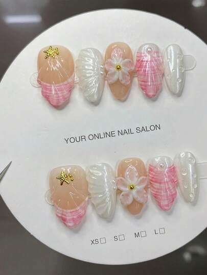 10Pcs Set Of Handmade Dreamy 3D Shell Press On Nails, Long Almond Shape, Includes 3D Flower, Beach Vacation Designs, Suitable For Women & Girls Daily Wear And Parties, Full Cover False Nails With Manicure Tool Kit, Great Gift Nail Supplies Nails
