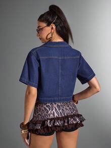 Jeanoix 女士牛仔夹克和外套，休闲简约风格，适合日常穿着 - 深色水洗藍 - 查看 2