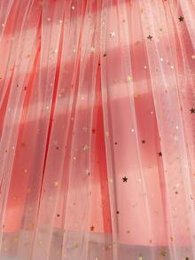 年轻女孩夏季轻盈网眼 V 领松紧腰公主裙，带星星贴花，优雅适合生日海滩派对 - 西瓜粉 - 查看 8