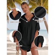 Local Delivery Women's Summer Swimwear Drawstring Beach Bikini Dress Shirt Swimsuit Cover - Up Bathing Suit Coverup - 黑色 - 查看 4