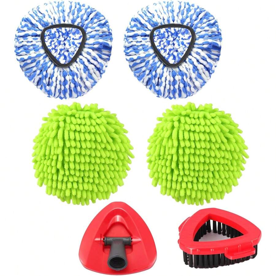 Replacement Mop Heads For 2 Tank Spin Mop System, 2 Microfiber Refills, 1 Scrub Brush, And 1 Mop Base Set Combo
