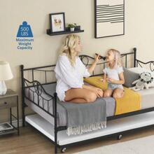 Metal Daybed With Trundle Bed, Twin Size Day Bed With Headboard And Heavy Duty Steel Slats Support, Mattress Foundation Platform Sofa Bed, For Living Room, Bedroom, Easy Assembly