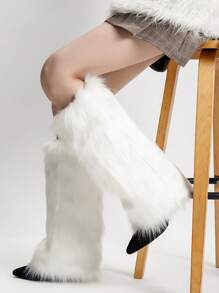 Calentadores de piernas de piel artificial para mujer, de estilo japonés Lolita, de punto en blanco y negro, para otoño e invierno