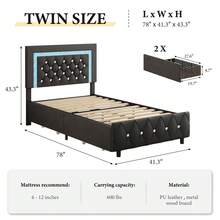 Twin/ Full/ Queen Bed Frame With Drawers, Upholstered Bed Frame With LED Lights, Modern Platform Bed Frame With Headboard And Footboard, Diamond Tufted Design, No Box Spring Needed, White/ Pink/ Black/ Purple/ Yellow (Twin Size 2 Drawers/ Other Size 4 Drawers) * Bed Frame Queen Bed Frame Bed Queen Bed Frame King Bed Frame Bedroom Furniture Bed Frame Full Full Size Bed Frame Twin Bed Frame Beds Cozy Bedroom Home Bedroom Refresh Room Decor Home Decor Christmas Decor Bedroom Decor Valentine Day Decor Storage Living Room Decor Furniture House Decor Halloween Decorations  ( USB LED Strip) - 黑色 - 查看 7
