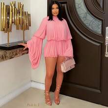 2pcs Set: Solid Color Casual Pleated Long Sleeve Top And Shorts - Pink - View 3