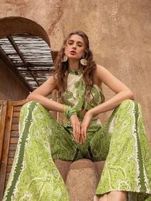 Faeriesty BohoBloom 女士两件套：露背无袖短款上衣搭配飘逸阔腿裤。适合休闲漫步、周末度假、海滩休闲和日常出行。 - 綠色 - 查看 5