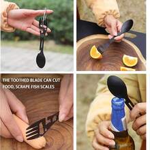 10 In 1 Multifunctional Camping Fork Stainless Steel Fork Spoon Fork Knife Bottle Opener Wrench Combination Outdoor Tableware Picnic Travel Backpack Hiking Fishing - 黑色 - 查看 7