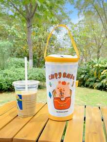 1pc Cute Big Eyes Drawstring Closure Water Bottle Bag, Shoulder Cross-Body Net Mesh Bottle Holder - Multicolor - View 9