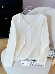 蝴蝶结双面不对称肩部薄款蕾丝拼布长袖宽松罩衫 - 杏色 - 查看 7