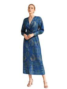 Floral Print V Neck Midi Dress For Women - Lightweight Chiffon With A-Line Silhouette  Elastic Waist - Elegant Summer Dress For Party, Date  Daily Wear - 藍色 - 查看 7