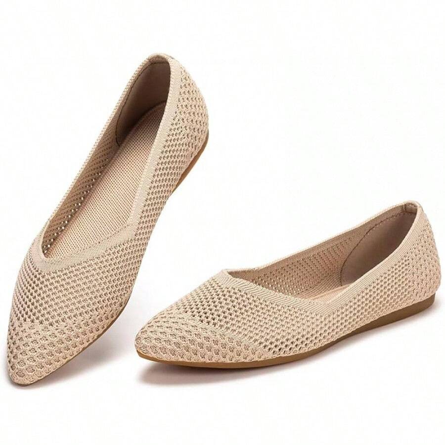 Womens Flat Shoes Classic Pointed Toe Flats Knitted Dress Shoes Soft Comfortable Dressy Flats Women - 本色網眼 - 查看 1