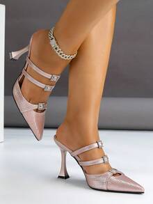 女士时尚水晶扣尖头高跟鞋