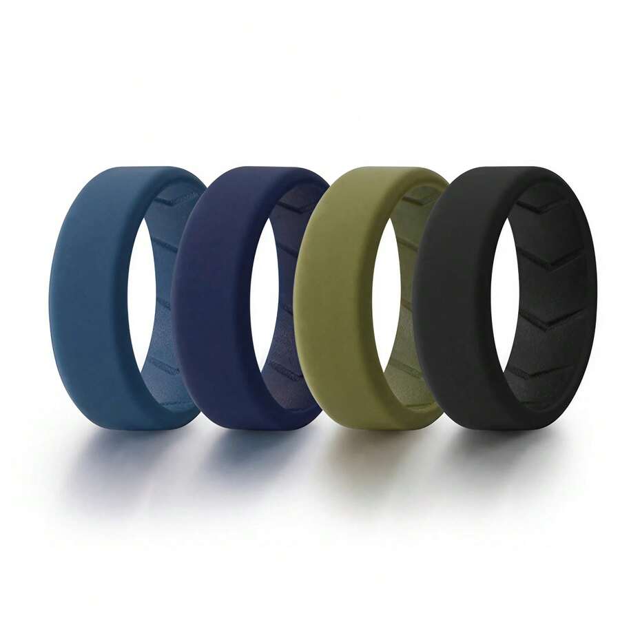 Bộ 4 chiếc nhẫn silicon thoáng khí dành cho nam, bản rộng 8mm, chất liệu cao su mềm dẻo, thích hợp làm nhẫn cưới, quà tặng trang sức thể thao không kim loại cho phái mạnh, cỡ 7-15. - Nhiều màu - Xem 1