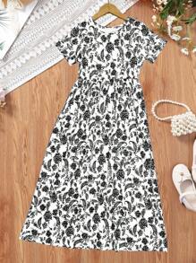 Bohemian Style Paisley Print Short Sleeve Midi Dress, Girls Holiday Casual Dress, Summer Gift - Black - View 4