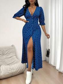 Elegante Vintage de la Mujer de puntos impresos con cuello en V Botón de Split Vestidos,Falda larga estampada de media manga - Azul - Ver 2