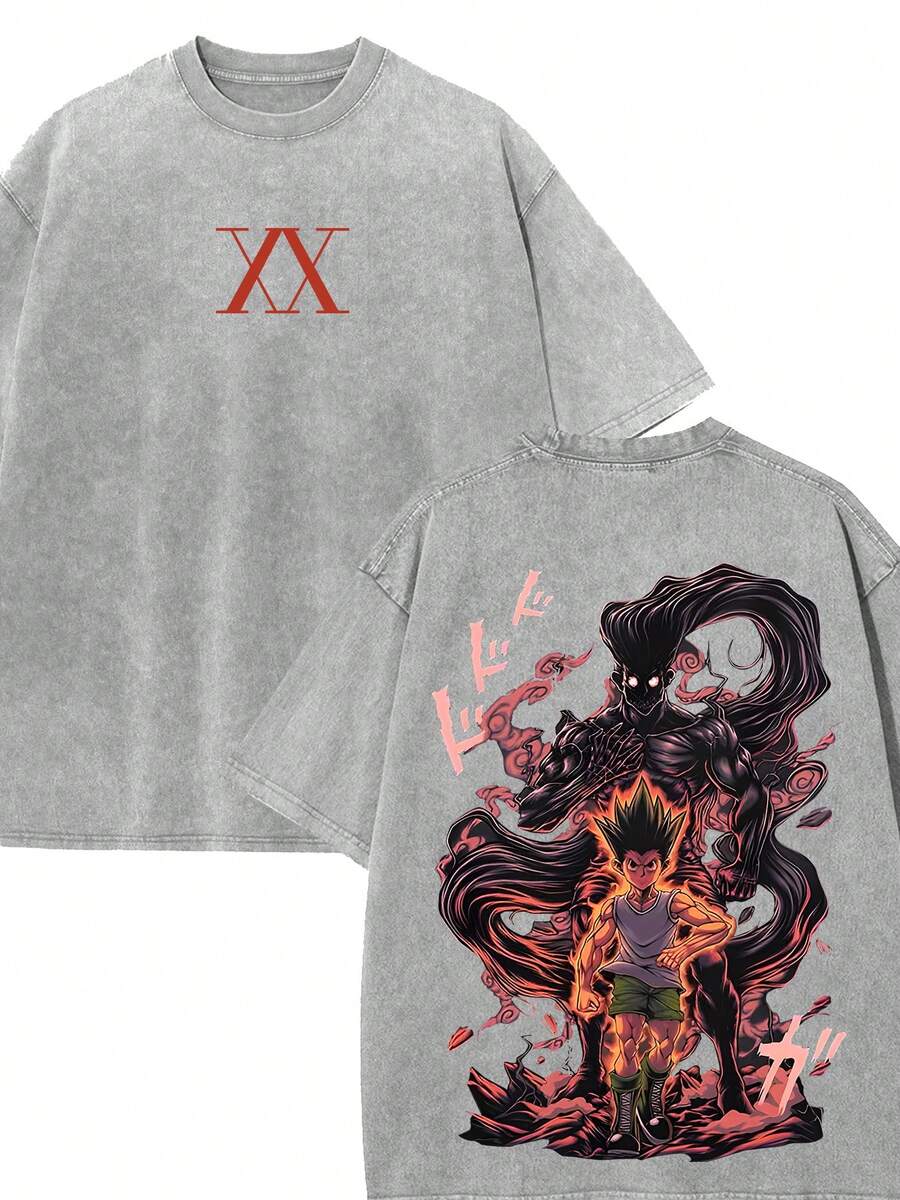 230g Double-Sided Washable, Gift Printed T-Shirt For Anime Fans And Enthusiasts, High-Quality Wax Printed Cotton Retro Fashion Brand T-Shirt, Men's T-Shirt, Beach Essential, Summer T-Shirt, Holiday Gift, Perfect Gift - 深灰色 - 查看 1