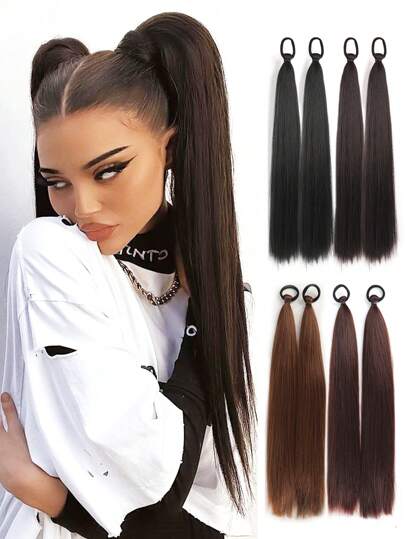 2 Packs Long Straight Ponytail Extensions With Elastic Band Versatile DIY Braided Ponytail For Women Girls Black Brown Synthetic Wig