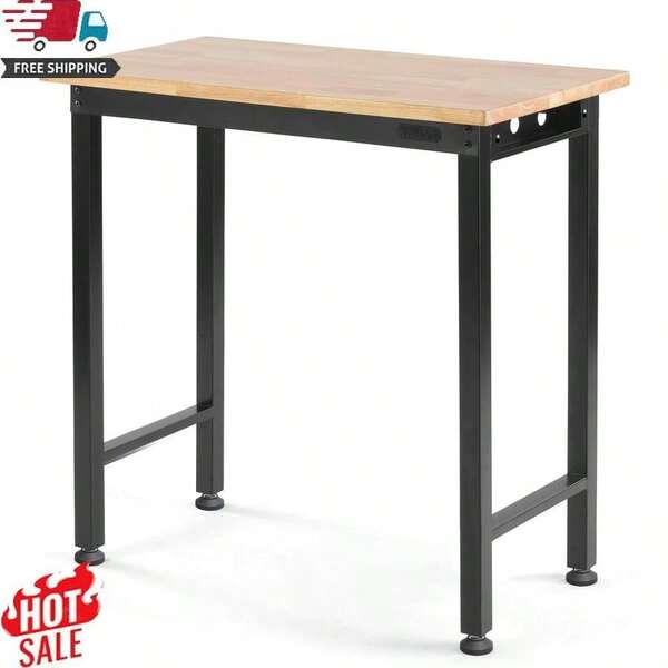 36-Inch Workbench Heavy-Duty 1000Lbs Capacity Adjustable Feet Solid Wood Worktop Sturdy Steel Frame Durable Workspace For Garage Workshop DIY Projects