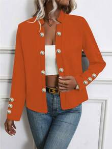 Áo khoác mỏng dài tay cài nút màu trơn cho nữ, mùa xuân và mùa thu - trái cam - Xem 2