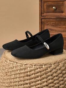 Women's 3cm Cloth Wrapped Heel Fashion Versatile Mary Jane Flat Shoes, Navy Blue, All Season - Black - View 6