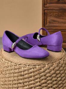 Women's Purple Mary Jane Shoes With 3cm Cloth Covered Chunky Heels, Fashion Versatile For All Seasons - Purple - View 4