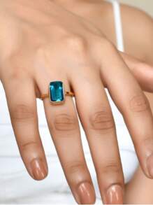 1pc Elegant Navy Blue Cubic Zirconia Rectangular Ring, Engagement Wedding Ring, Valentine's Day Gift