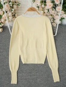 Women V-Neck Lace Patchwork Cardigan, Slim Fit Long Sleeve Knit Top, Spring/Summer New Arrival - Light Yellow - View 6